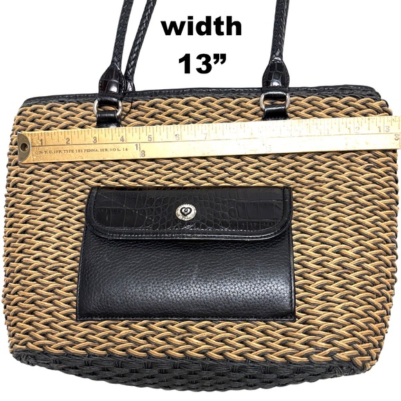 bag BRIGHTON black tan woven leather jute shoulder pockets preppy classic tote - Picture 12 of 16